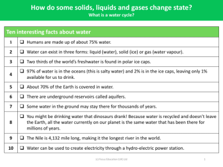 10 Interesting facts about water - Fact Sheet - Year 4
