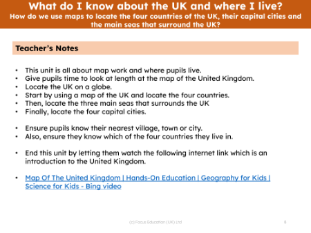 How do we use maps to locate the four countries of the UK, their capital cities and the main seas that surround the UK? - Teacher notes