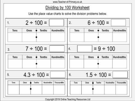 Dividing One and Two Digit Numbers by 100 - Worksheet