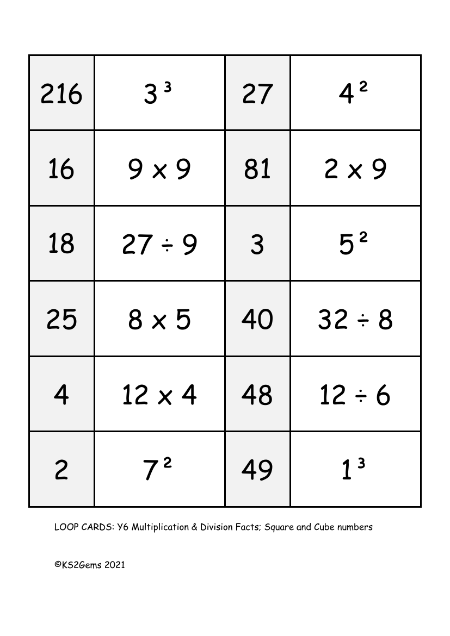 Loop Card Game - Multiplication and Division Facts, Square and Cube Numbers