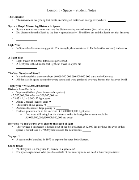 Space Introduction - Middle School Student Lesson Outline