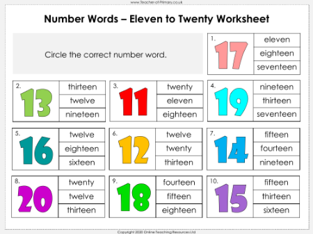 Number Words - Eleven to Twenty - Worksheet