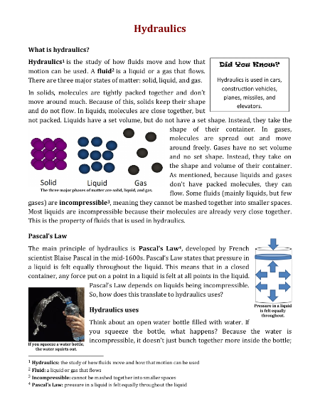 Hydraulics - Reading with Comprehension Questions