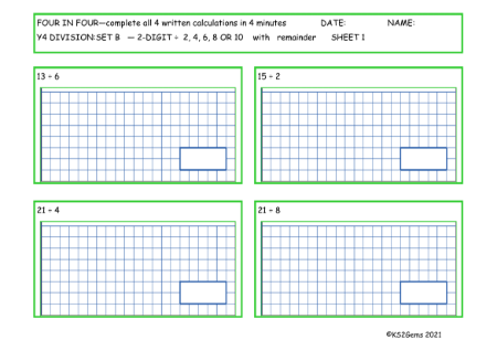  Division Set B 2 digit number - 2, 4 6, 8 or 10 with remainder