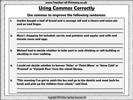 Using Commas - Worksheet