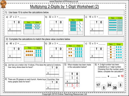 Multiplying 2-Digits by 1-Digit - Worksheet