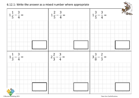 Subtract proper fractions from mixed numbers different denominators (across whole)