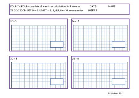 Division Set G 2 digit number 2, 3, 4, 5, 8 or 10 no remainder