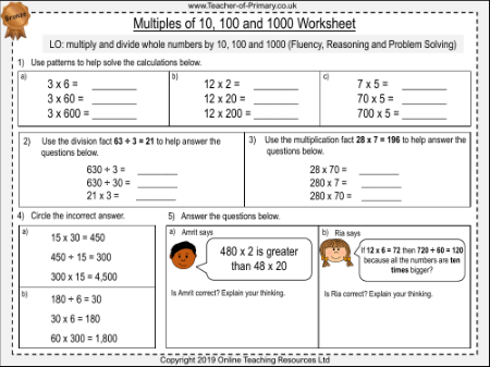Multiples of 10, 100 and 1000 - Worksheet