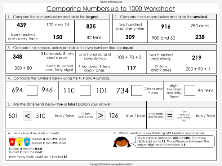 Comparing Numbers up to 1000 - Worksheet