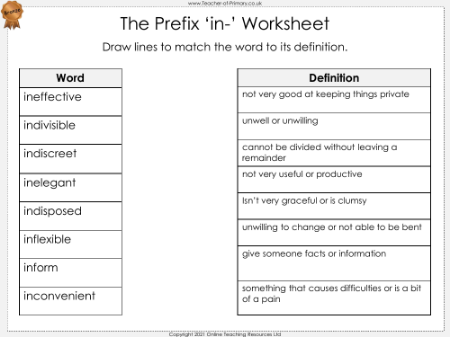 The Prefix 'in-' - Worksheet