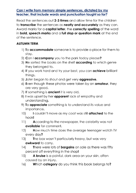 Spellings Dictation Year 5 and Year 6 - Autumn Term Worksheet