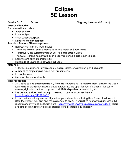 Eclipse - Solar and Lunar - Teaching Timeline