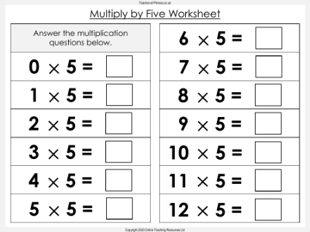Multiply by Five - Worksheet