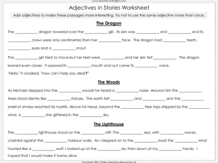 Adjectives in Stories - Worksheet