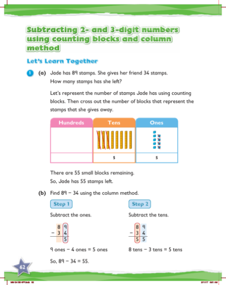 Max Maths, Year 4, Learn together, Subtracting 2- and 3-digit numbers using counting blocks and column method (1)