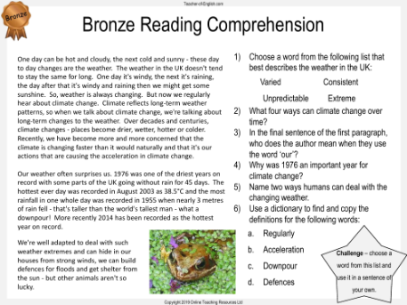 Climate Change - Unit 1 - Bronze Reading Comprehension Worksheet