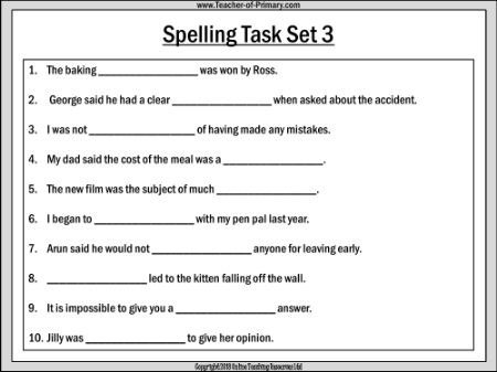 Spellings - Set 3 Worksheet