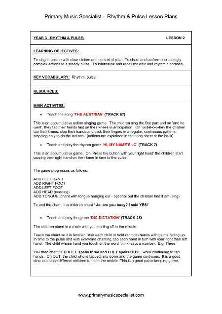 Rhythm and Pulse Lesson Plan - Year 3 Lesson 2