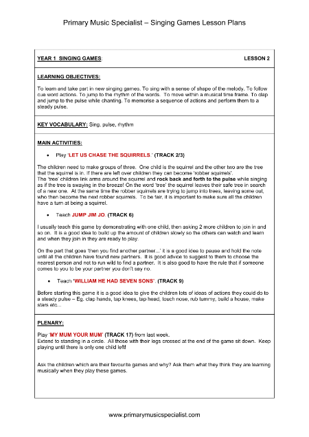 Singing Games Lesson Plan - Year 1 Lesson 2