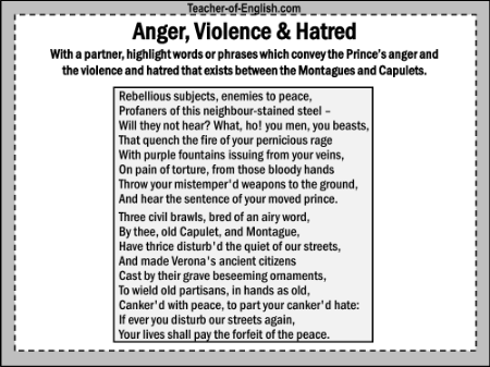 Romeo & Juliet Lesson 9: The Prince's Speech - Anger, Violence & Hatred Worksheet