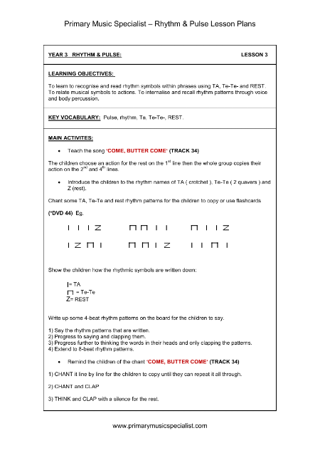 Rhythm and Pulse Lesson Plan - Year 3 Lesson 3