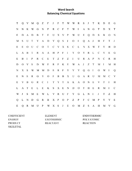 Balancing Chemical Equations - Word Search