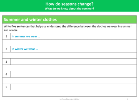 Summer and winter clothes - Worksheet - Year 1