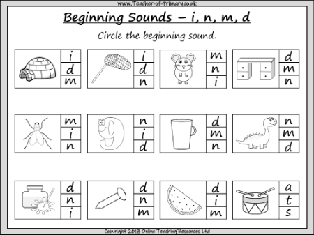 Beginning Sounds - i, n, m, d - Worksheet