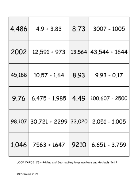 Loop Card Game - Adding and Subtracting large numbers and decimals Set 1