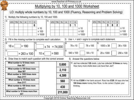 Multiplying by 10, 100 and 1000 - Worksheet