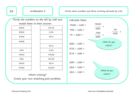 Divide whole numbers and those involving decimals by 100