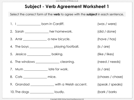 Subject - Verb Agreement - Worksheet