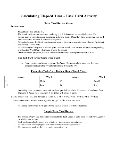 Calculating Elapsed Time - Task Cards Activity