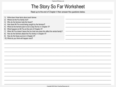 Fantastic Mr Fox - Lesson 4 - The Story So Far Worksheet