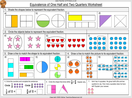 Equivalence of One Half and Two Quarters - Worksheet