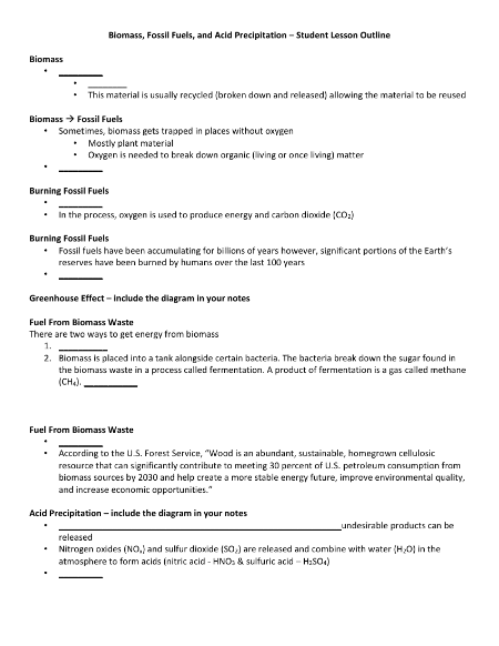 Biomass, Fossil Fuels, and Acid Precipitation – Student Lesson Outline