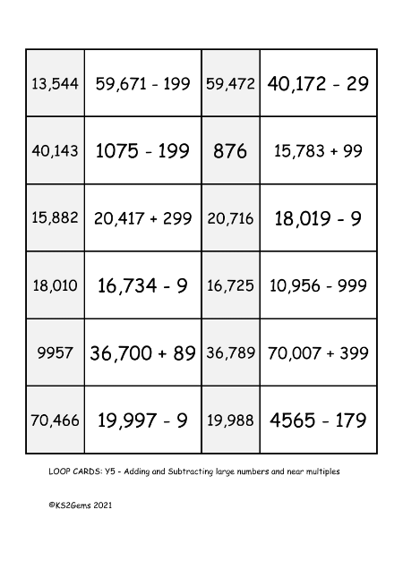 Loop Card Game - Adding and  Subtracting large numbers and near multiples