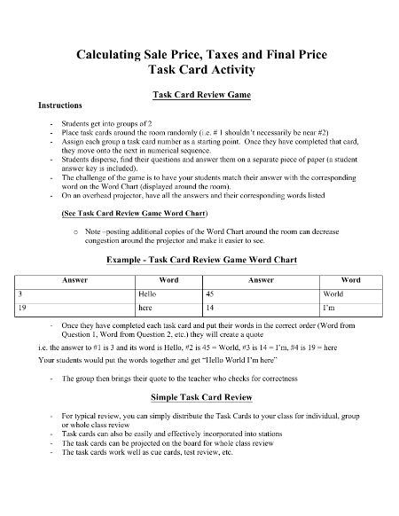 Calculating Sale Price, Taxes and Final Price - Task Cards Activity