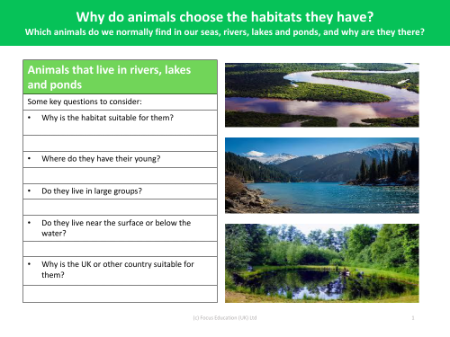 Animals that live in rivers, lakes and ponds - Worksheet