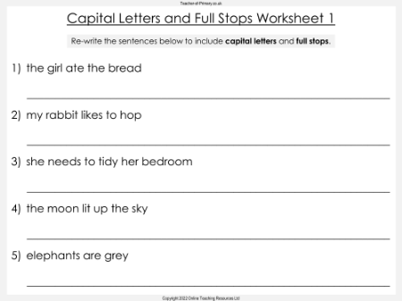 Capital Letters and (remove - used in relation to 'full coverage') Stops - Worksheet