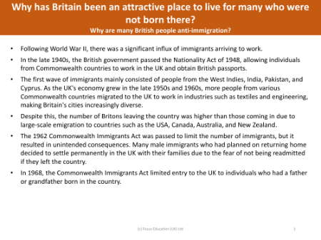 Why are many British people anti-immigration? - Info Pack - Year 6
