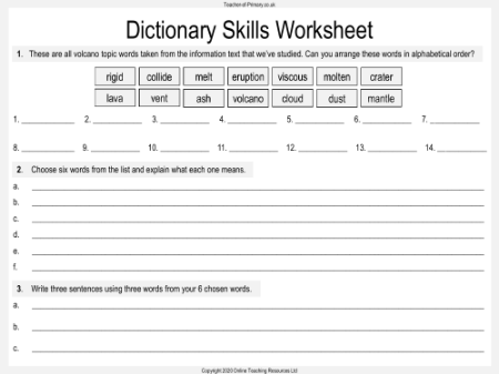 Volcanoes - Unit 1 - Dictionary Skills Worksheet