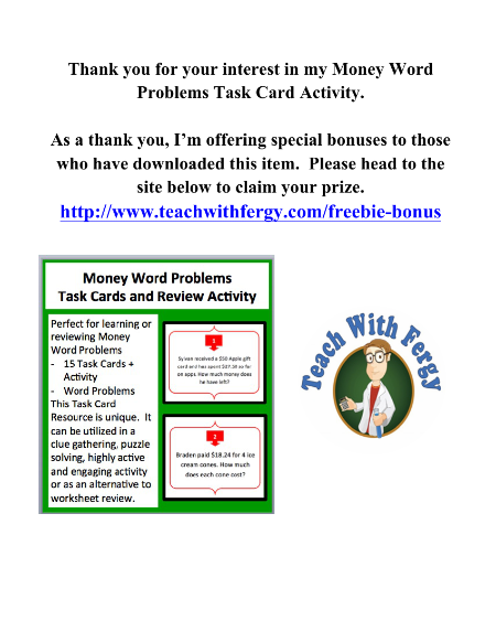 Money Word Problems - Task Cards Activity Answers