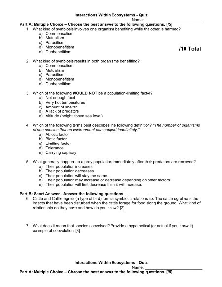 Interactions Within Ecosystems - Quiz