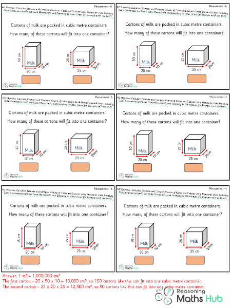 Calculate, estimate and compare volume of cubes and cuboids using standards units, including cubic centimetres and cubic metres (m3), and extending to other units [for example, mm3 and km3] 6 - Reasoning