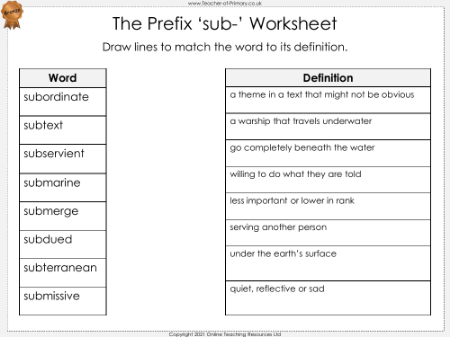 The Prefix 'sub-' - Worksheet