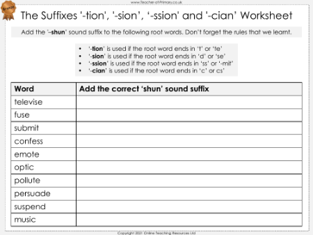 The Suffixes '-tion', '-sion', '-ssion' and '-cian' - Worksheet