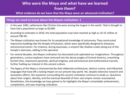 Things we need to know about the Mayan civilisation - Info pack