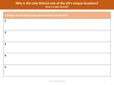 5 Things I know about lake and how they are formed - Worksheet - Year 3